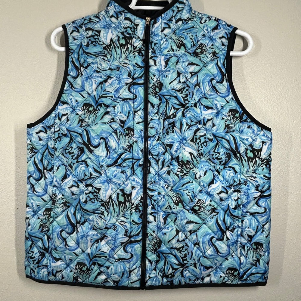 Stella Parker Collection Women XL Quilted Vest Blue Teal Floral Tropical Zip